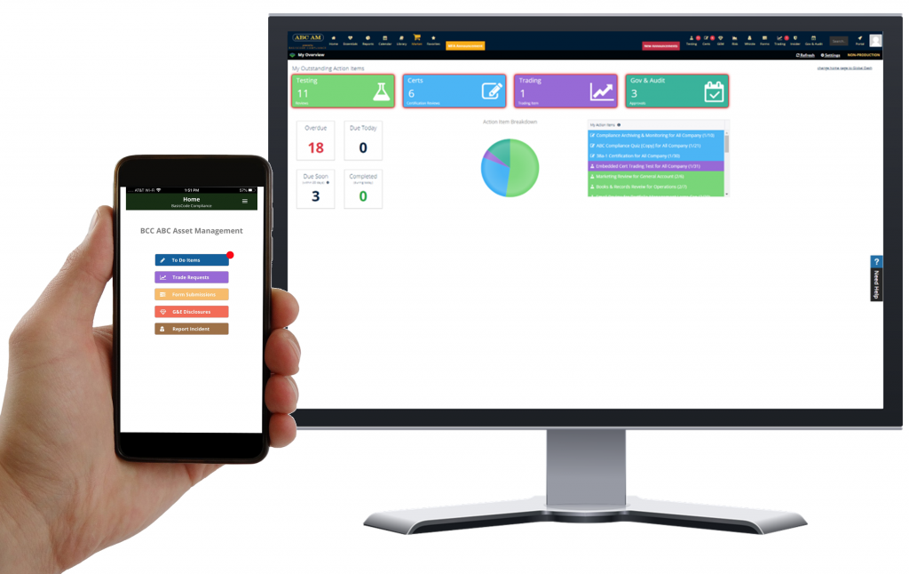 BasisCode Compliance™ demo screens on desktop and mobile